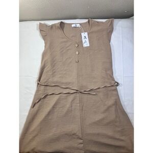 AZ Tan Flutter Sleeve Button‎ Front Dress Tan Beige L/XL YS-1256 NWT